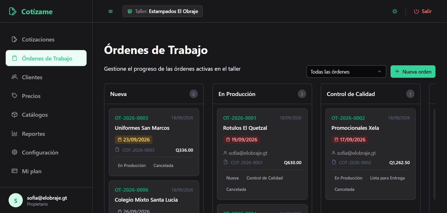 Tablero de órdenes de trabajo de Cotízame con las columnas Nueva, En Producción y Control de Calidad, y tarjetas con cliente, fecha prometida en rojo cuando ya se pasó y responsable.